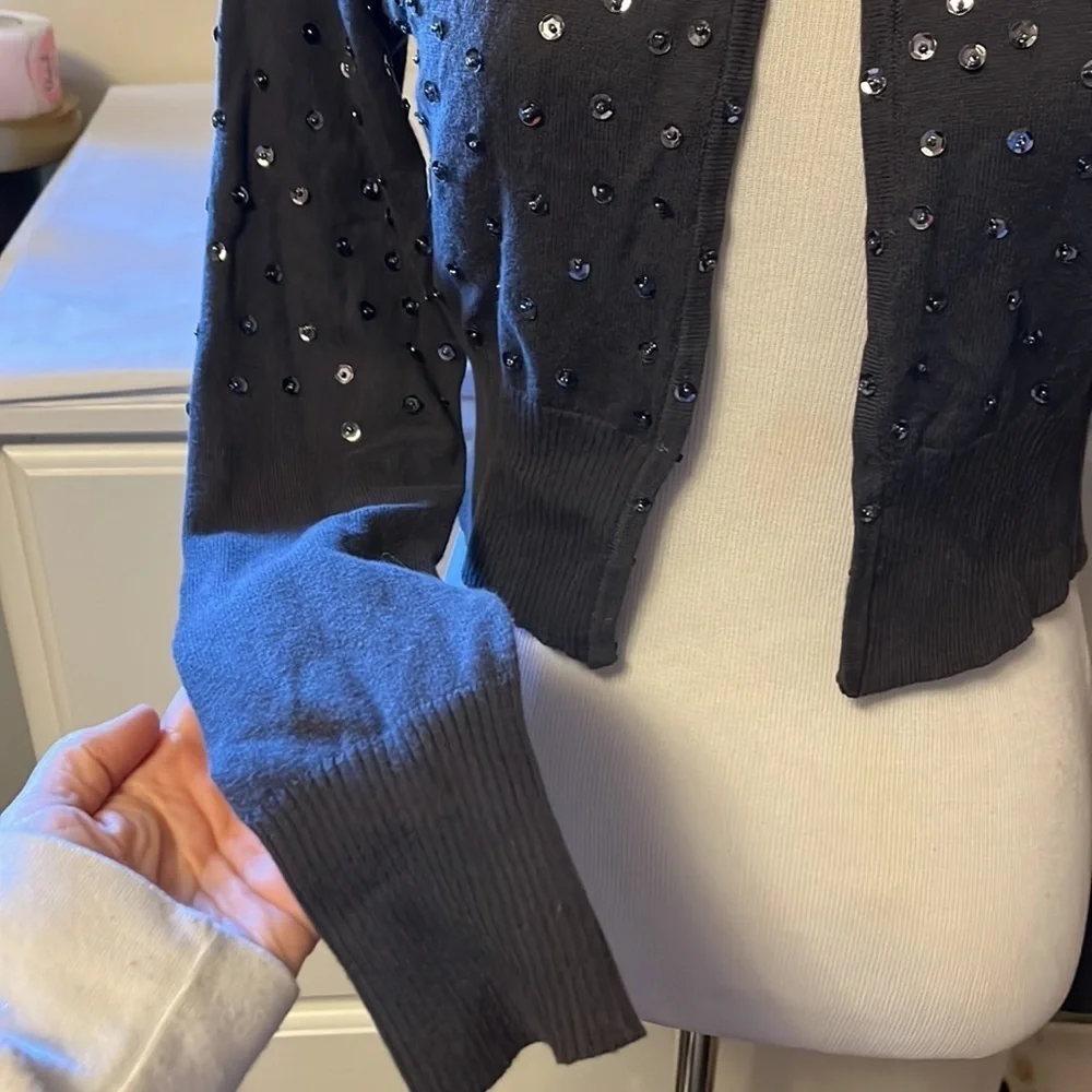 Charcoal gray soft short cardigan sweater with sequins and beads, small